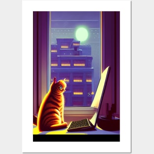 Cat Working On Office At Night Comic Artwork Style Posters and Art